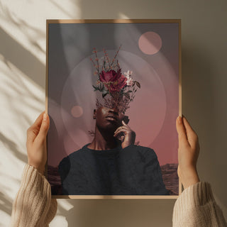 Hands holding "Pale Memories of Dusk" by Frank Moth; surreal portrait with flowers and geometric shapes.