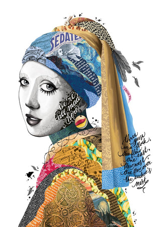 Colorful, modern collage artwork of Girl with a Pearl Earring by All Mad Here - Nour Tohme on product page.