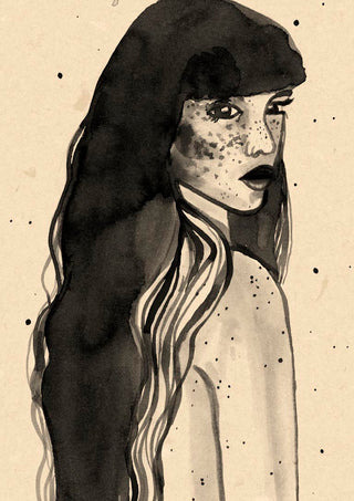 Artistic illustration of a long-haired woman with freckles, featured on the Long Hair Lady - Raissa Oltmanns product page.