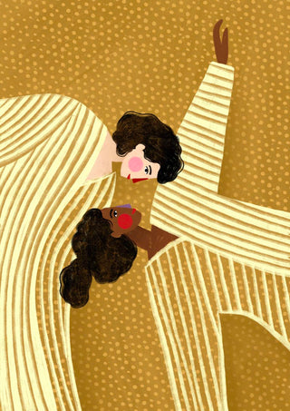 Abstract illustration of two women in striped outfits on a dotted background, from Two Line Women by Bea Muller.