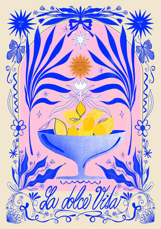 Illustrated bowl of lemons with floral accents and "La dolce vita" text in ornate blue and pink design.