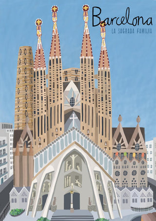 Illustration of the Sagrada Familia basilica in Barcelona under a clear blue sky.