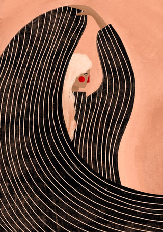 Abstract illustration of a woman in a flowing black dress with white lines, featured on "The Woman With the Black Dress."