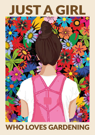 A girl in a pink apron stands before a vibrant wall of colorful flowers, celebrating a love for gardening.