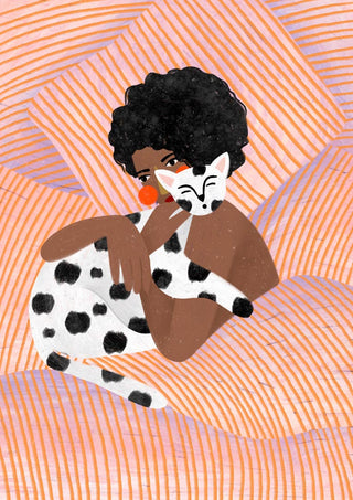 Illustration of a woman cuddling a spotted cat on an orange-striped bed, from Cat Cuddle - Bea Muller.
