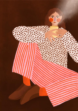 Illustration of a woman in striped pants and polka dot shirt sipping tea, from Bea Muller's Woman With the Cup of Tea.