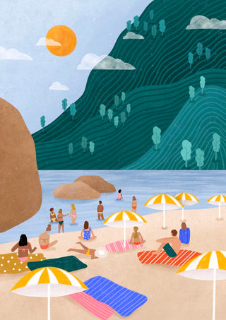 Illustration of people relaxing under umbrellas on a sunny beach, inspired by The Holiday by Bea Muller.
