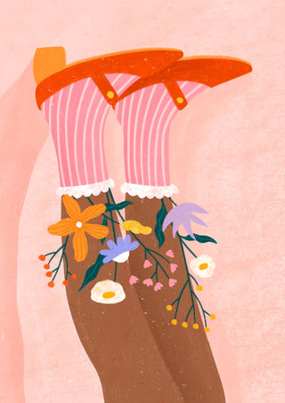 Illustration of legs wearing pink floral socks and red shoes, with colorful flowers emerging from the socks.