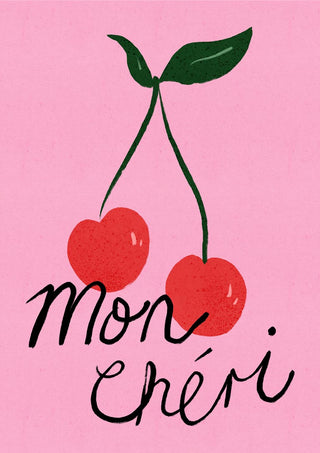 Illustration of two cherries with green stems and leaves above the text "Mon chéri" on a pink background.
