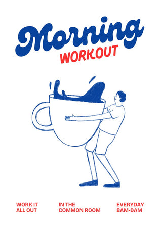 Illustration of a person lifting a giant coffee cup with the text "Morning Workout - Coffee Love" above.