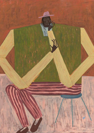 Abstract painting of a seated figure with long arms, striped pants, and a hat; featured on Take a Moment product page.