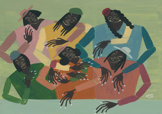 Abstract illustration of six smiling people in colorful outfits, gathered closely and appearing to share a joyful moment.