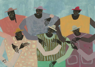 Abstract illustration of six people in colorful outfits and hats, standing close together, symbolizing group chat.