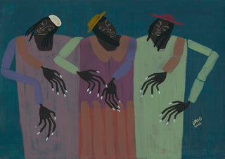 Three abstract figures in colorful clothing pose together against a blue background, by Studio IMO for My People.