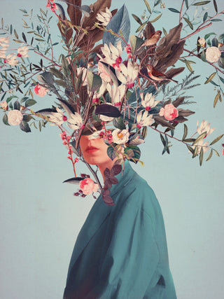 Surreal portrait of a person in teal with their head replaced by flowers and leaves, art by Frank Moth.