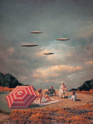 A vintage-style family picnic under UFOs in a surreal landscape, artwork for Pretend They Never Came.