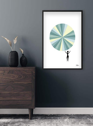 Framed Sara Sonne - Light Kunstposter featuring a figure holding a colorful geometric sun, displayed above a dark dresser.