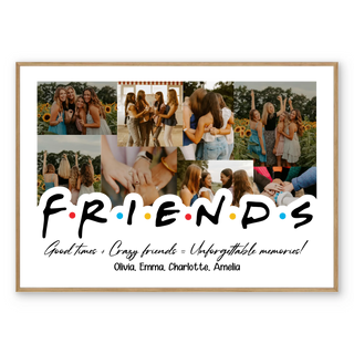 Custom Friends poster with group photos, silhouetted figures, and colored dots on a black background.