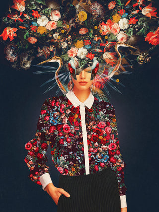 Surreal portrait of a woman with vibrant flowers and shapes blooming from her head, by Frank Moth.
