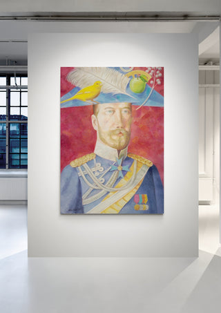 A colorful portrait of a decorated man in uniform with birds and feathers on his hat, displayed in a modern gallery.
