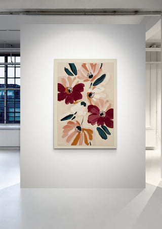 Blush and Wine Blossoms I by Branka Kodžoman, featuring bold floral art in pink, red, and peach tones.