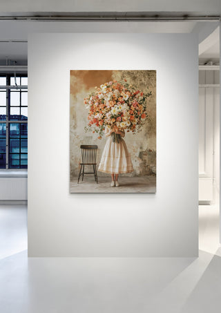 Painting of a girl holding a large bouquet of flowers, displayed on a white gallery wall.