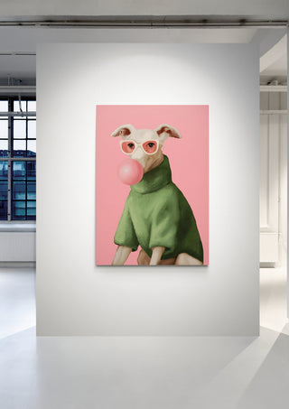 Artwork of a dog in glasses and green sweater blowing bubblegum, displayed on a gallery wall.