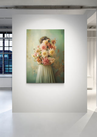 Art print "Dahlias in Vintage Green" by Annika Persson displayed on a white gallery wall.