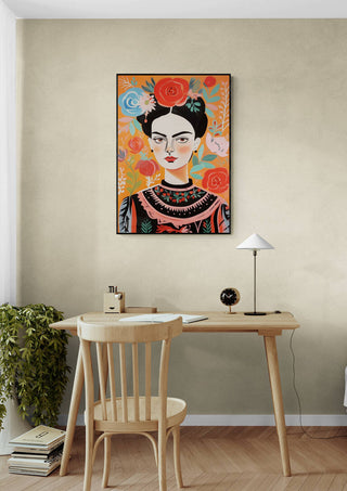 Framed colorful portrait by Martin Zen hanging above a minimalist desk in a modern home interior.