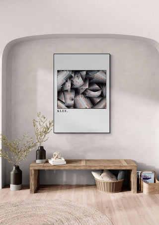 Framed Dry Cooler Garden 1921 by Paul Klee on a modern wall above a wooden bench with decor.