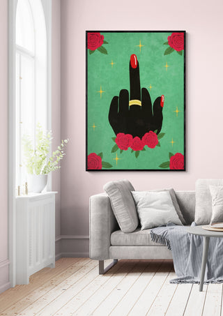 Framed artwork of a hand with red nails showing the middle finger, surrounded by roses, on a green background.