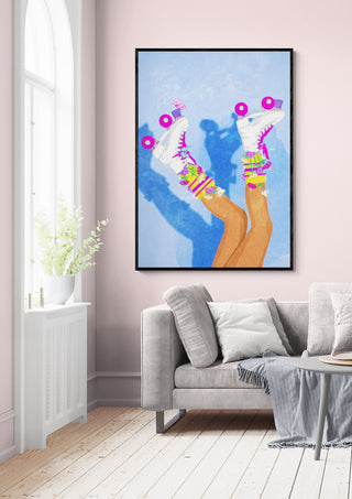 Art print of roller-skated legs in bright colors, hanging above a sofa in a modern living room.