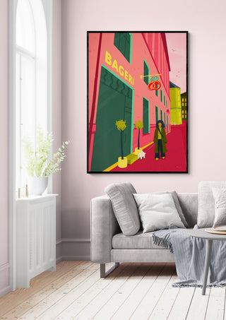 Framed "Morning Mood - Nanna Paavig" artwork hangs above a light gray sofa in a bright, modern living room.