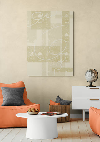 Fragment Path I - Yuli abstract wall art displayed in a modern living room with peach chairs and white furniture.