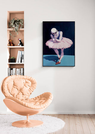 Art print of "Mr. Ballet - Martin Zen" showing a male ballet dancer in tutu, displayed above a peach chair in a modern room.