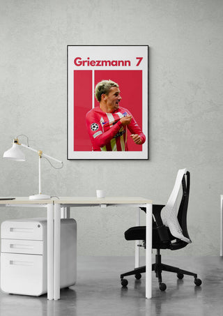 Antoine Griezmann Football Poster displayed above a modern office desk with chair and lamp.