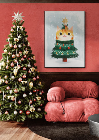 Festive room with a Christmas tree and a Santa Claws is Coming cat Christmas tree art above a pink chair.