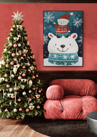 A festive living room with a Christmas tree and a "A Polar Bear Christmas" wall art featuring a bear in holiday attire.