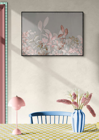 Framed Watercolor Pastel Garden Pink artwork on wall above a table with flowers and pastel decor.