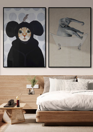 Framed Cat and Mouse - Coco de Paris art print above modern bedroom decor.