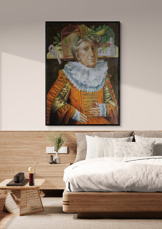 Framed artwork "The Memory Keeper" by Alesandr Mihaltchuk displayed above a modern bed in a cozy bedroom.