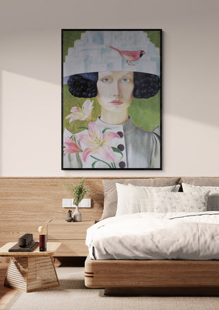 City of Thoughts by Alesandr Mihaltchuk artwork hangs above a modern bed in a softly lit bedroom.