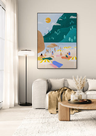 Framed "The Holiday" by Bea Muller displayed above a modern sofa in a cozy, sunlit living room.