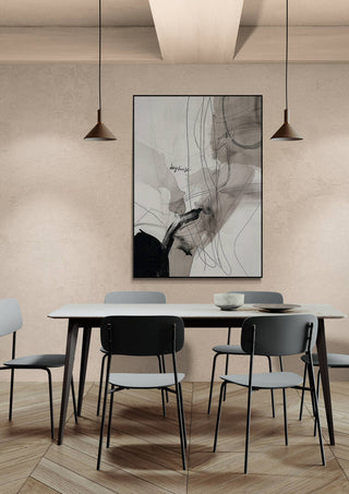 Modern dining room with "Fragments of Time" abstract artwork on the wall above a table and four chairs.