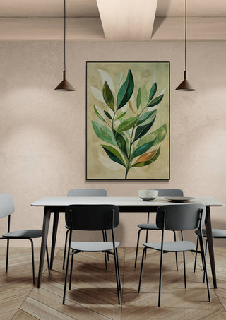Abstract Horizon wall art with green leaves displayed in a modern dining room above a table and chairs.
