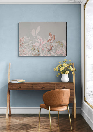 Watercolor Pastel Garden Pink artwork above a wooden desk in a stylish, light blue home office setting.