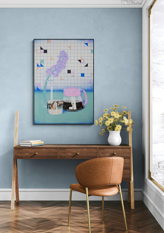 Modern home office with wooden desk, brown chair, and wall art featuring a pastel coffee drip setup.