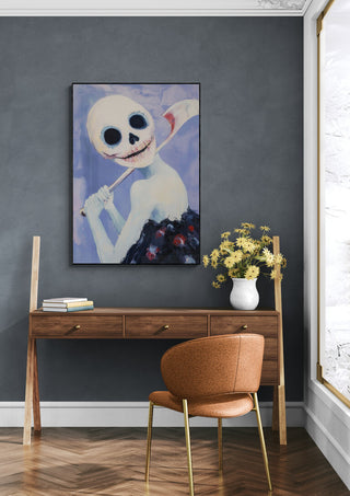 Sun Dima - Martin Zen artwork featuring a smiling skeleton holding a scythe, displayed above a modern desk.