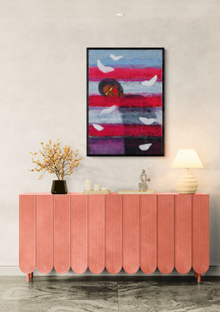 Sleeping Birds - Martin Zen artwork hanging above a pink cabinet with decor, lamp, and flowers on a product page.