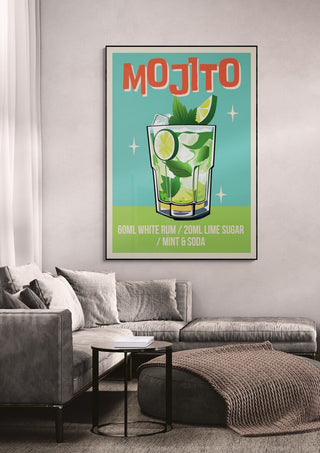 Mojito cocktail wallchart showing recipe with rum, lime, sugar, mint, and soda above a glass illustration.